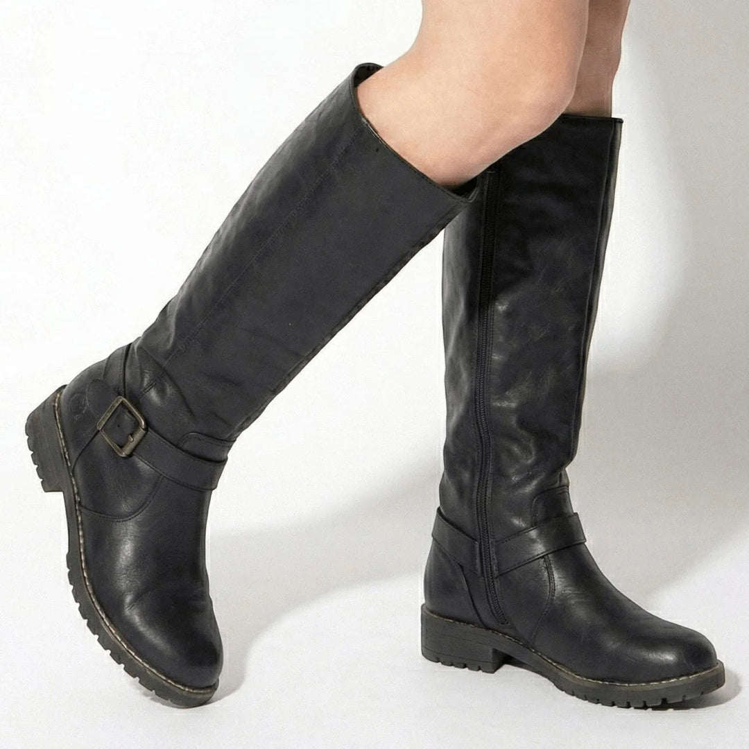 Freya | Women's Buckle Strap Flat Knee High Riding Boots