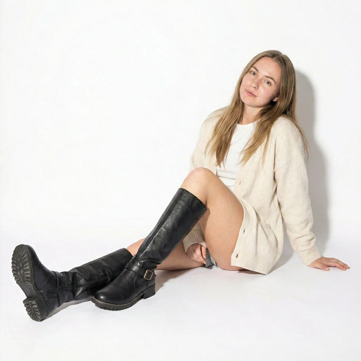 Freya | Women's Buckle Strap Flat Knee High Riding Boots