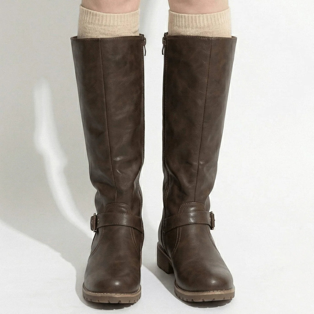 Freya | Women's Buckle Strap Flat Knee High Riding Boots