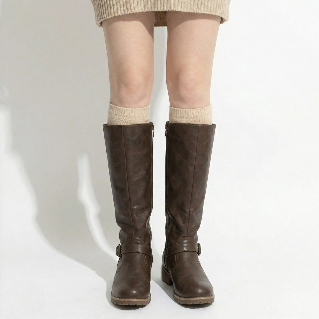 Freya | Women's Buckle Strap Flat Knee High Riding Boots