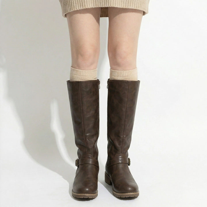 Freya | Women's Buckle Strap Flat Knee High Riding Boots