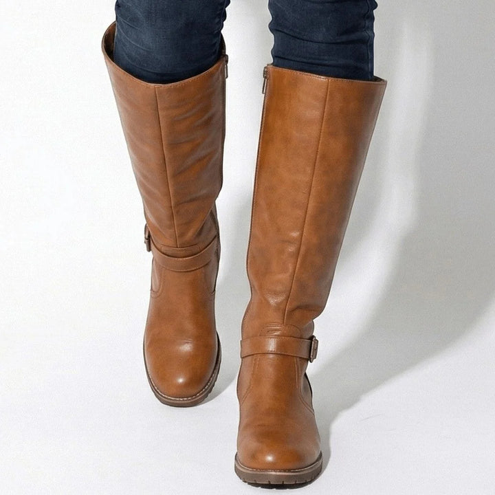 Freya | Women's Buckle Strap Flat Knee High Riding Boots