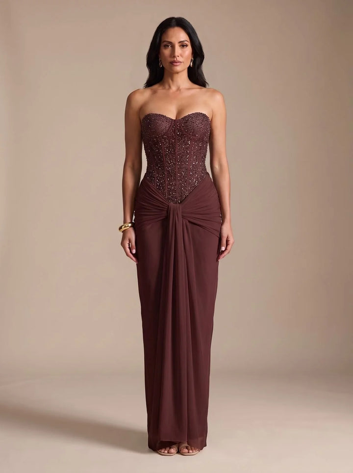 Gemma | Women's Strapless Draped Skirt Maxi Corset Dress