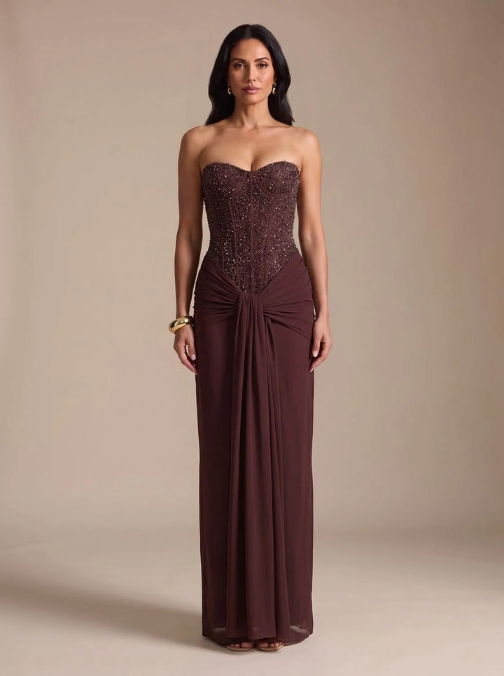 Gemma | Women's Strapless Draped Skirt Maxi Corset Dress