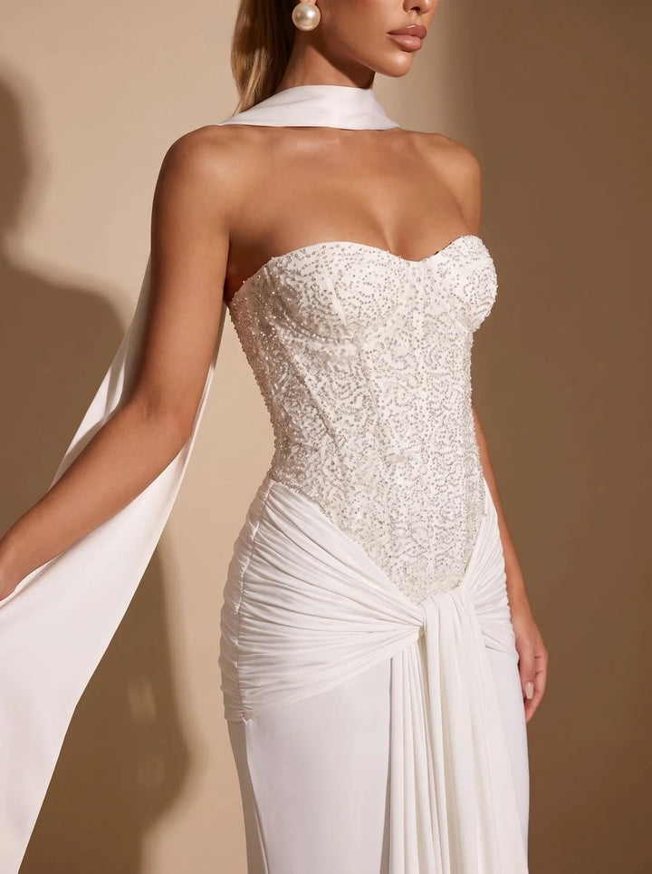 Gemma | Women's Strapless Draped Skirt Maxi Corset Dress