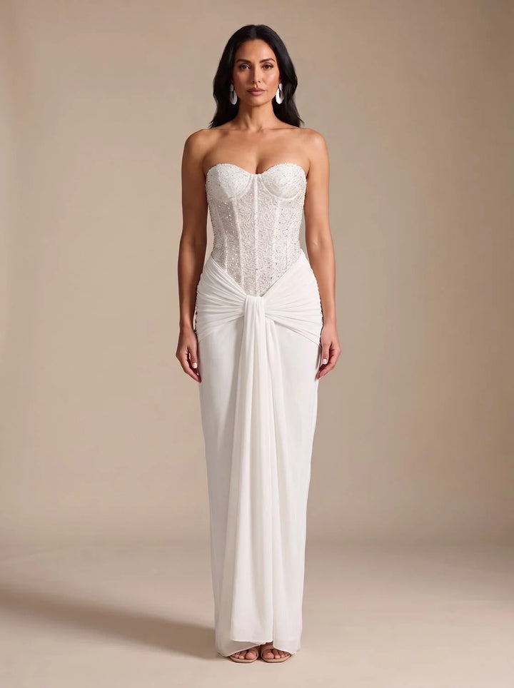 Gemma | Women's Strapless Draped Skirt Maxi Corset Dress