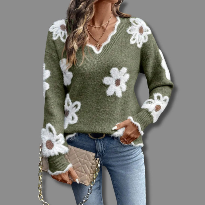 Genevieve | Women's Relaxed V-Neck Daisy Sweater