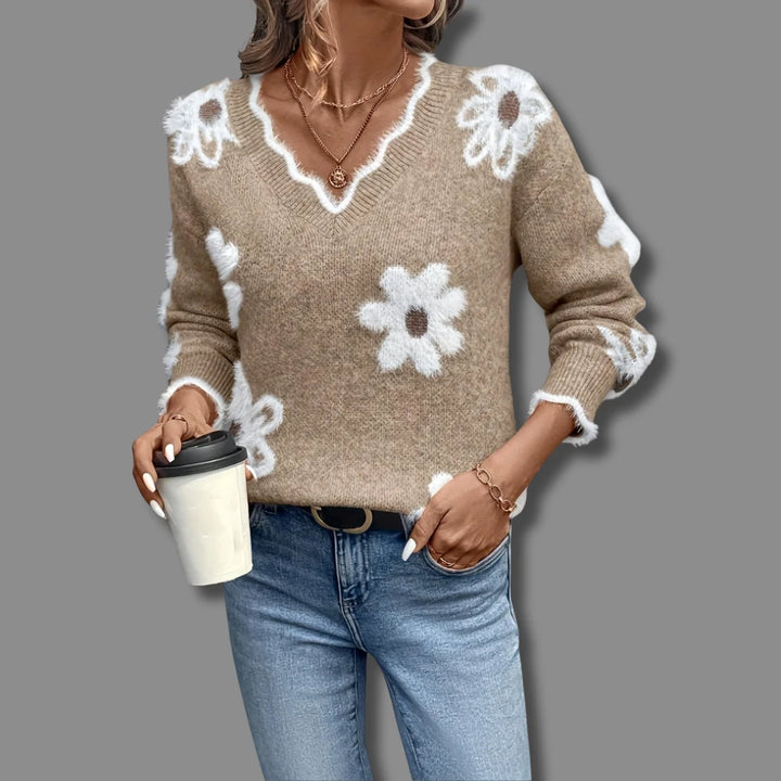 Genevieve | Women's Relaxed V-Neck Daisy Sweater