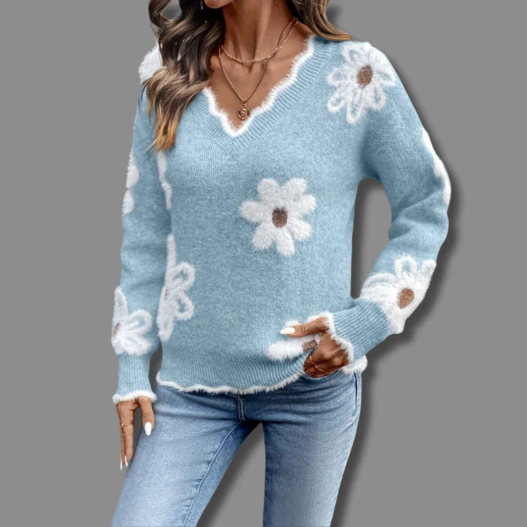 Genevieve | Women's Relaxed V-Neck Daisy Sweater