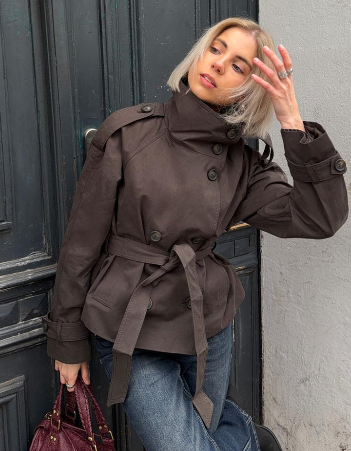 Giselle | Women's Short Trench Coat Waist Tie Funnel Collar