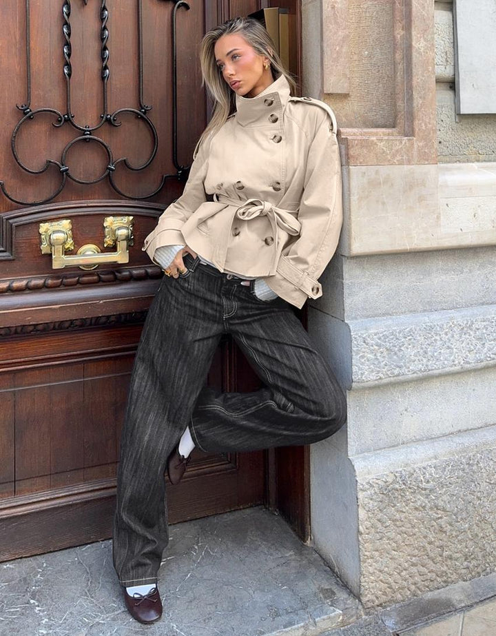 Giselle | Women's Short Trench Coat Waist Tie Funnel Collar