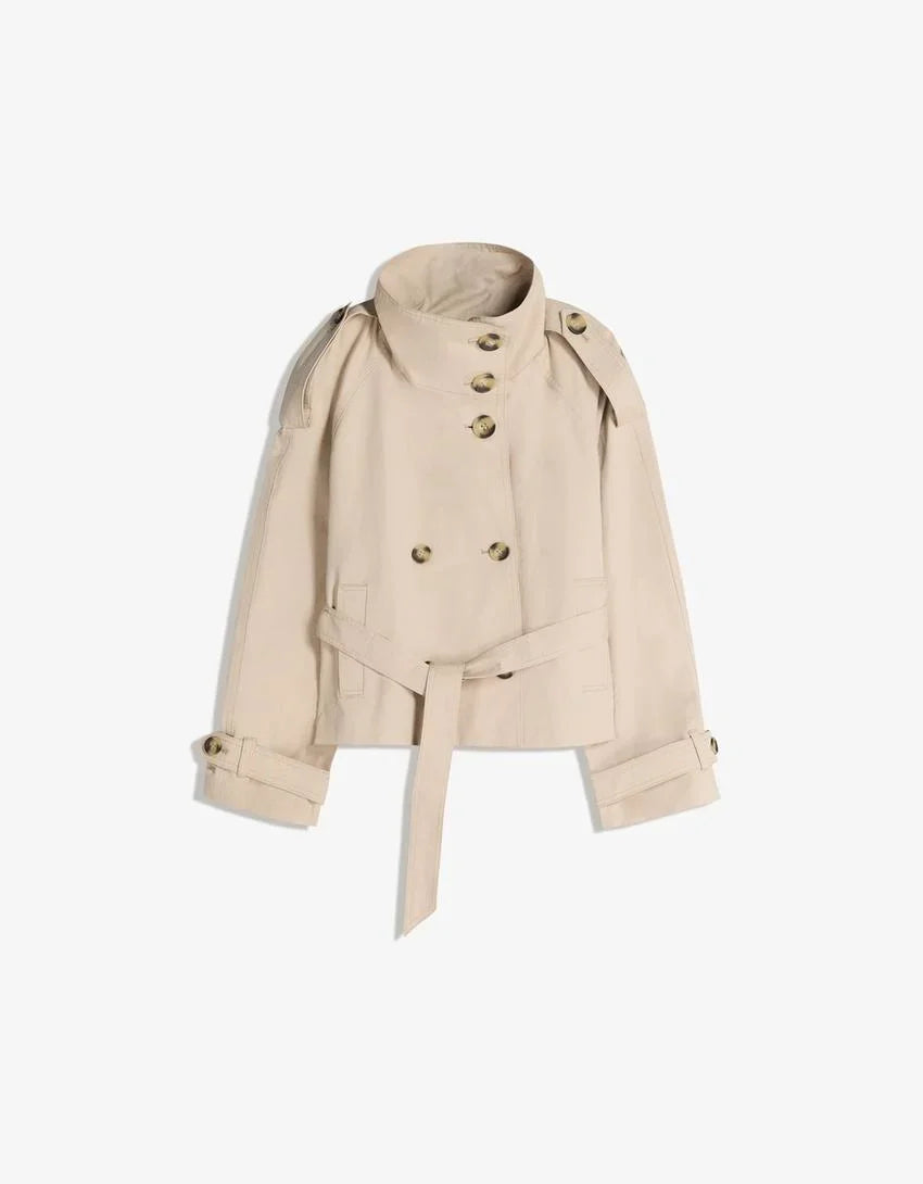 Giselle | Women's Short Trench Coat Waist Tie Funnel Collar