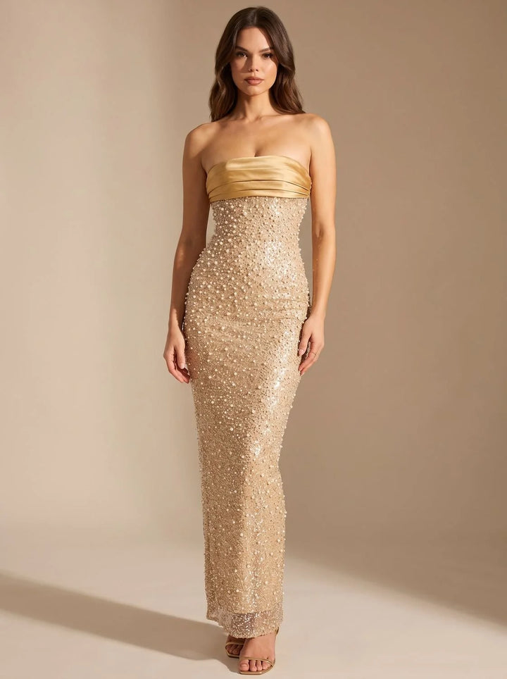 Hannah | Women's Gold Sequin Strapless Maxi Christmas Dress
