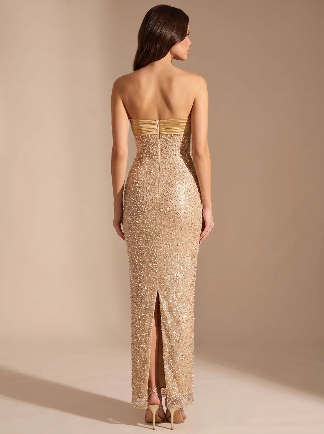 Hannah | Women's Gold Sequin Strapless Maxi Christmas Dress