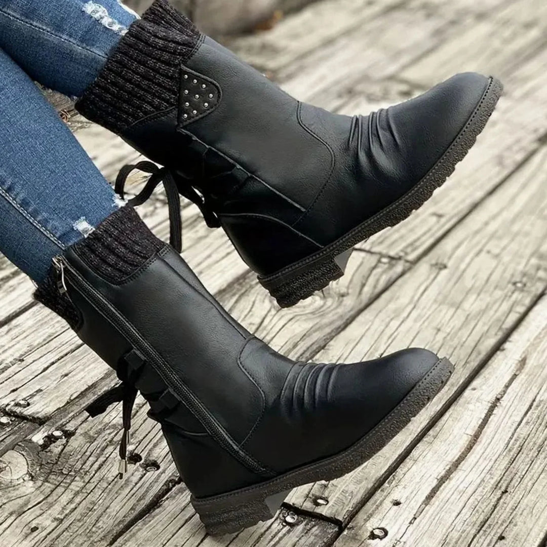 Harper | Women's Knit Cuff Back Lace Up Mid Calf Boots