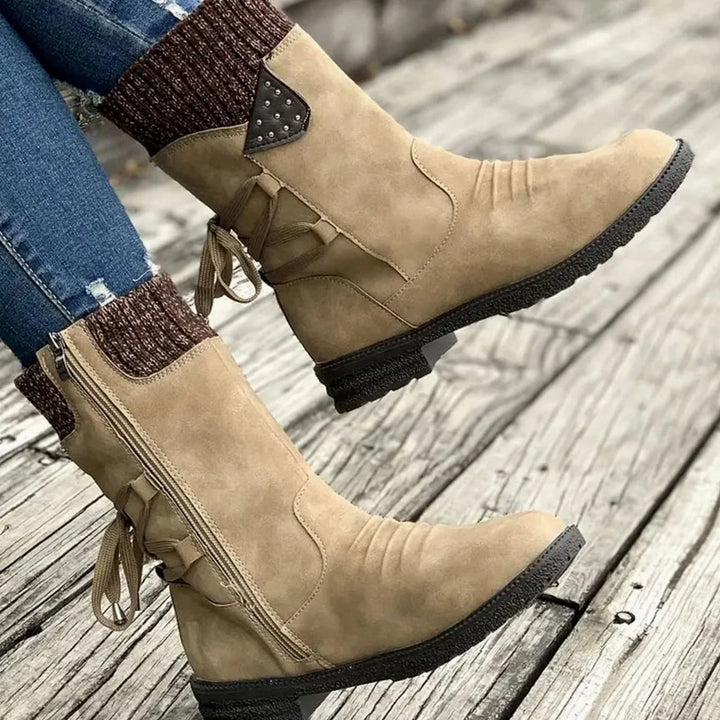 Harper | Women's Knit Cuff Back Lace Up Mid Calf Boots