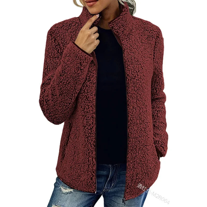 Hayley | Women's Stand Collar Zip Up Fluffy Jacket