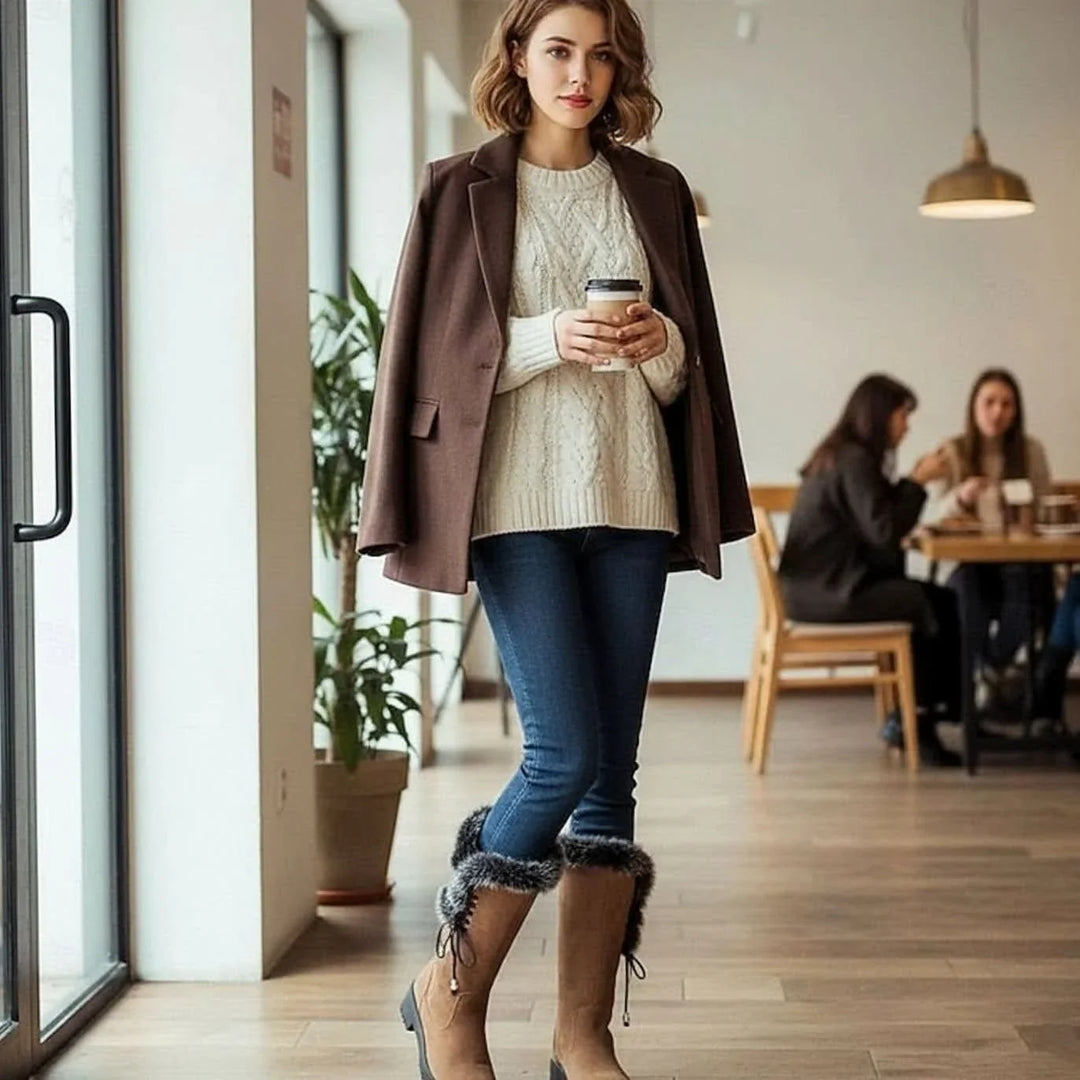 Hilda | Ladies Faux Fur Trim Lug Sole Lined Winter Boots