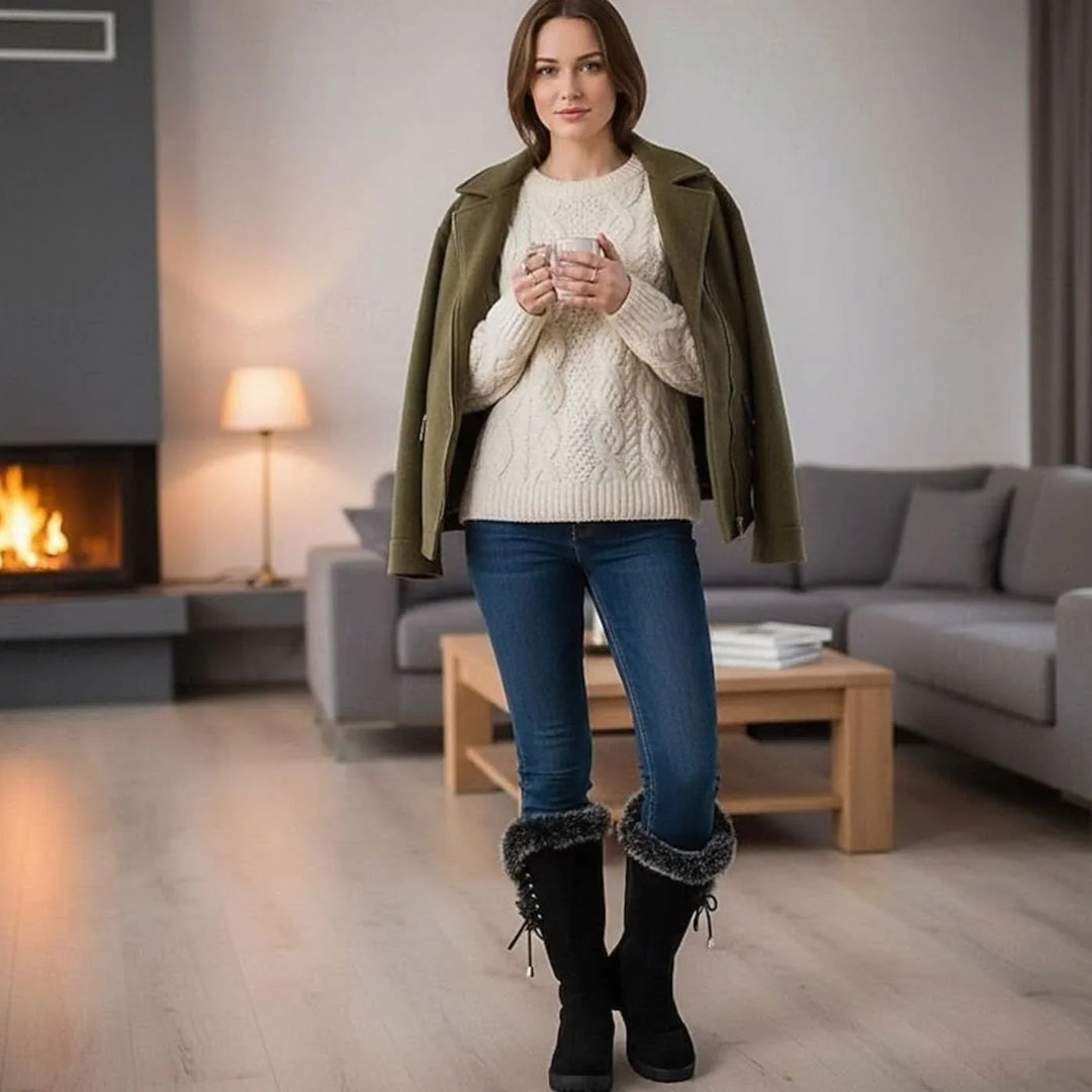 Hilda | Ladies Faux Fur Trim Lug Sole Lined Winter Boots