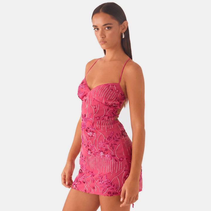 Imani | Women's Mini Dress Floral Sequins Low Back Straps