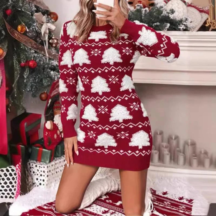 Ivy | Women's Red Christmas Tree Knit Mini Sweater Dress