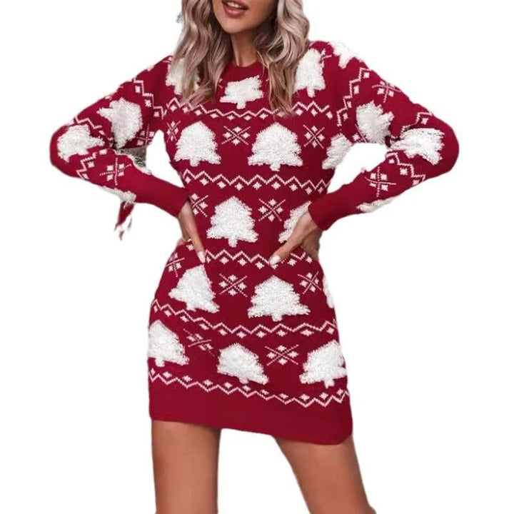 Ivy | Women's Red Christmas Tree Knit Mini Sweater Dress
