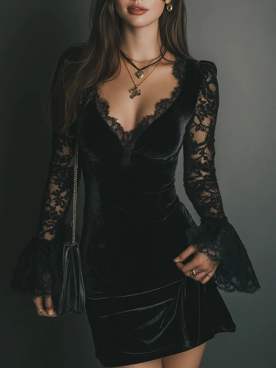 Jenny | Women's Plunge Bell Sleeve Mini Black Cocktail Dress