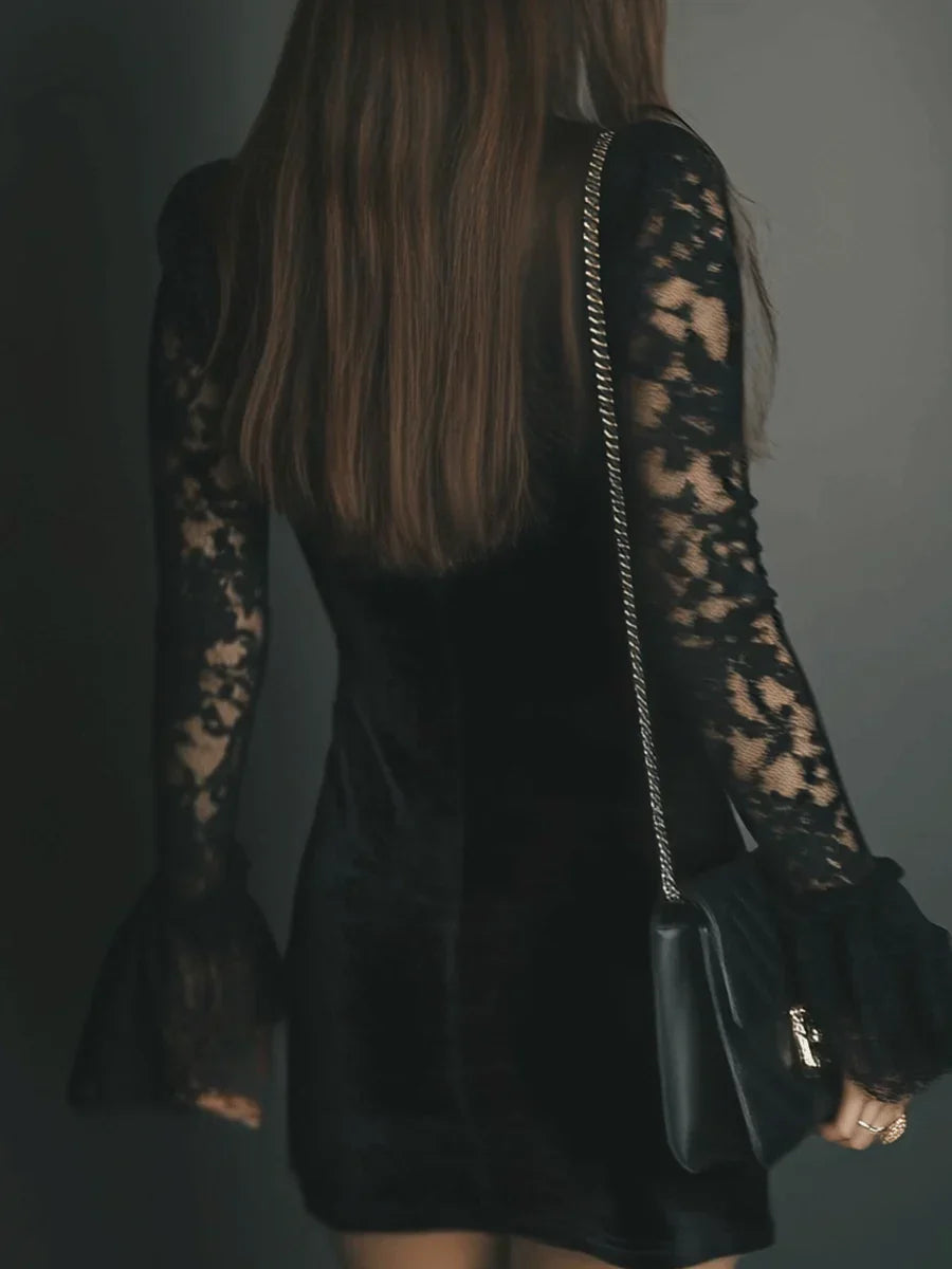 Jenny | Women's Plunge Bell Sleeve Mini Black Cocktail Dress