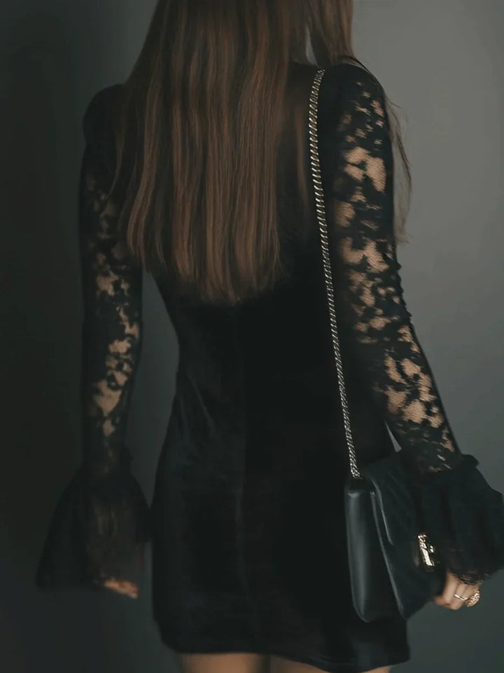 Jenny | Women's Plunge Bell Sleeve Mini Black Cocktail Dress