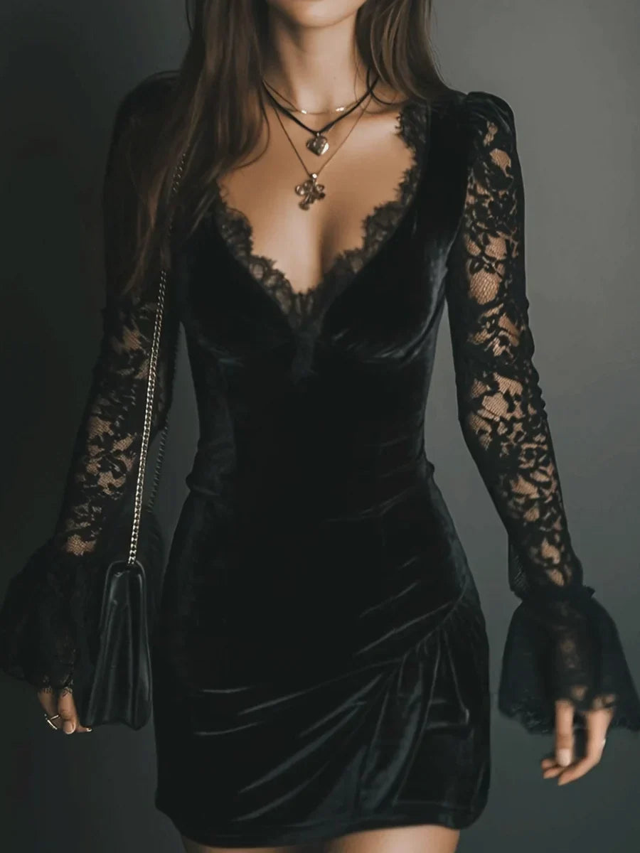 Jenny | Women's Plunge Bell Sleeve Mini Black Cocktail Dress