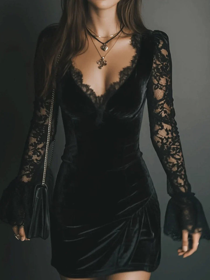 Jenny | Women's Plunge Bell Sleeve Mini Black Cocktail Dress