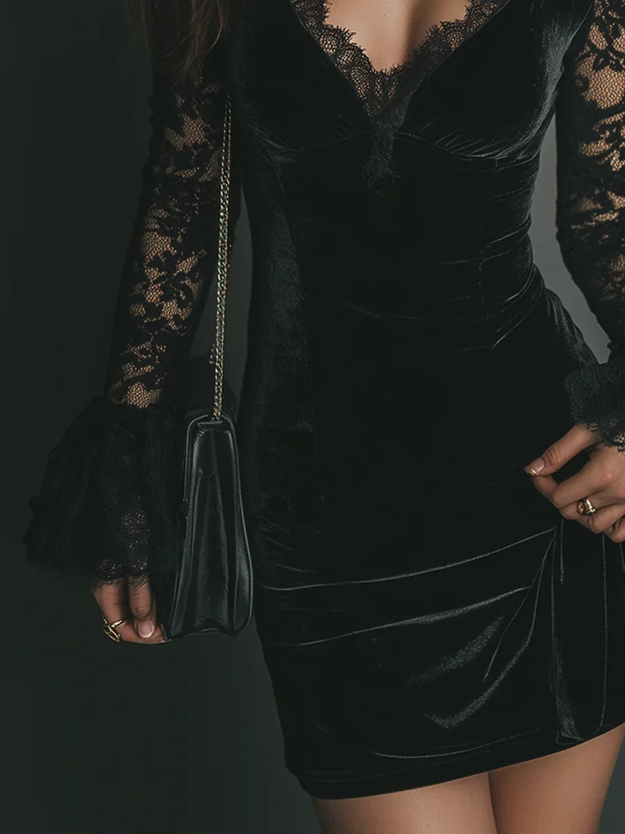 Jenny | Women's Plunge Bell Sleeve Mini Black Cocktail Dress