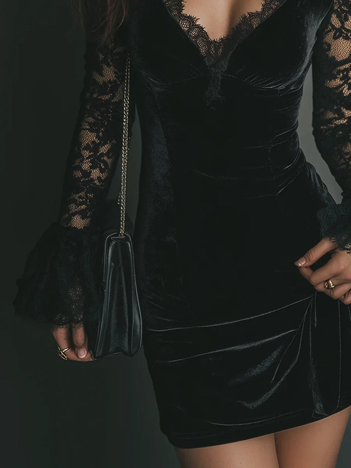 Jenny | Women's Plunge Bell Sleeve Mini Black Cocktail Dress