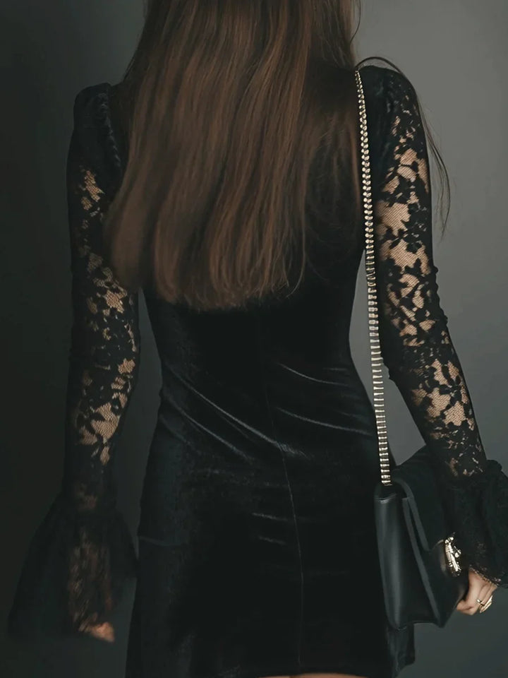 Jenny | Women's Plunge Bell Sleeve Mini Black Cocktail Dress