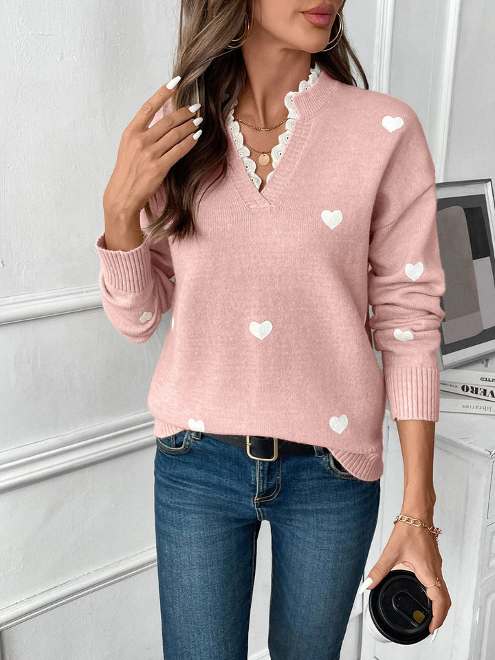Katherine | Women's Heart Print V-Neck Sweater