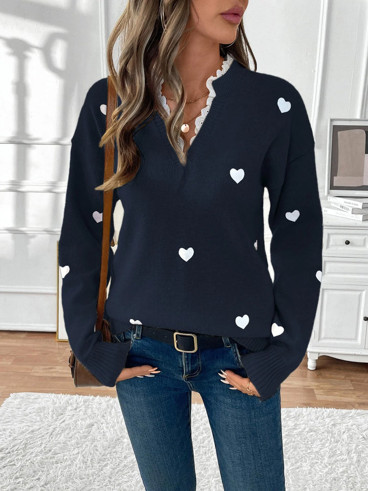 Katherine | Women's Heart Print V-Neck Sweater