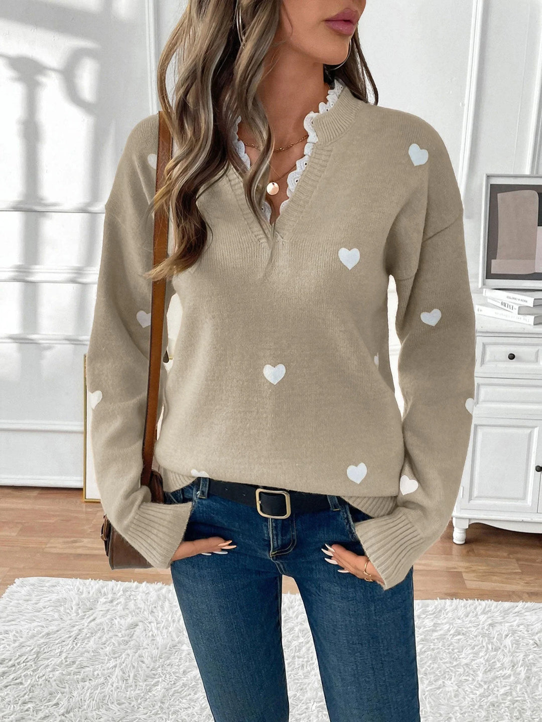 Katherine | Women's Heart Print V-Neck Sweater