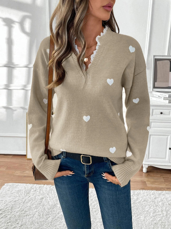 Katherine | Women's Heart Print V-Neck Sweater