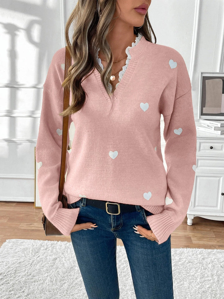 Katherine | Women's Heart Print V-Neck Sweater