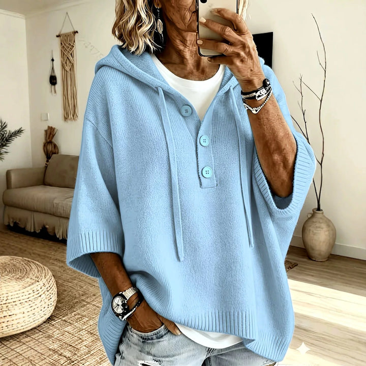 Kaur | Women's Hooded Button-Up Poncho Sweater