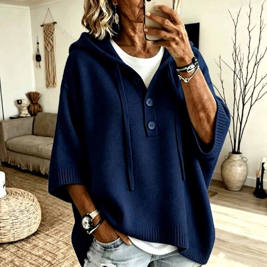Kaur | Women's Hooded Button-Up Poncho Sweater
