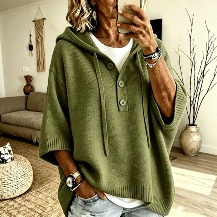 Kaur | Women's Hooded Button-Up Poncho Sweater