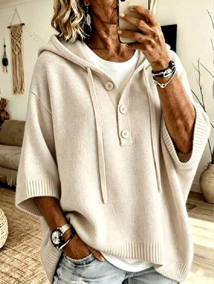 Kaur | Women's Hooded Button-Up Poncho Sweater