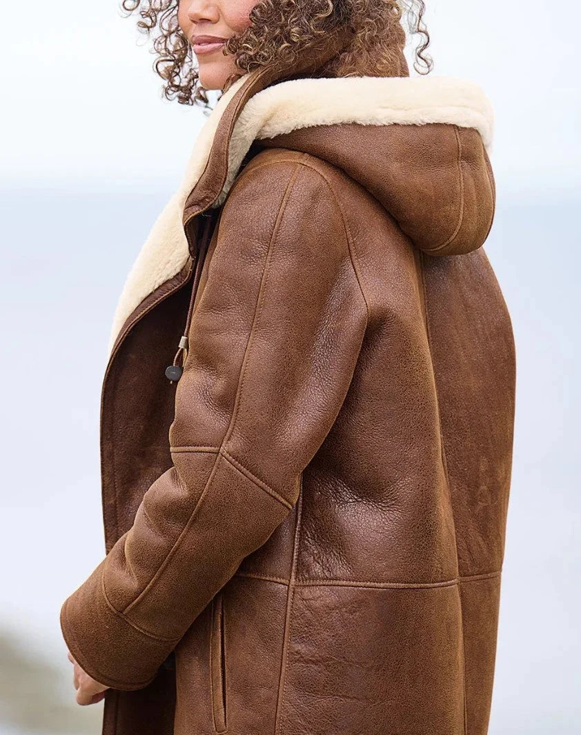 Kenzie | Women's Brown Duffle Coat Toggle Fastening Hood