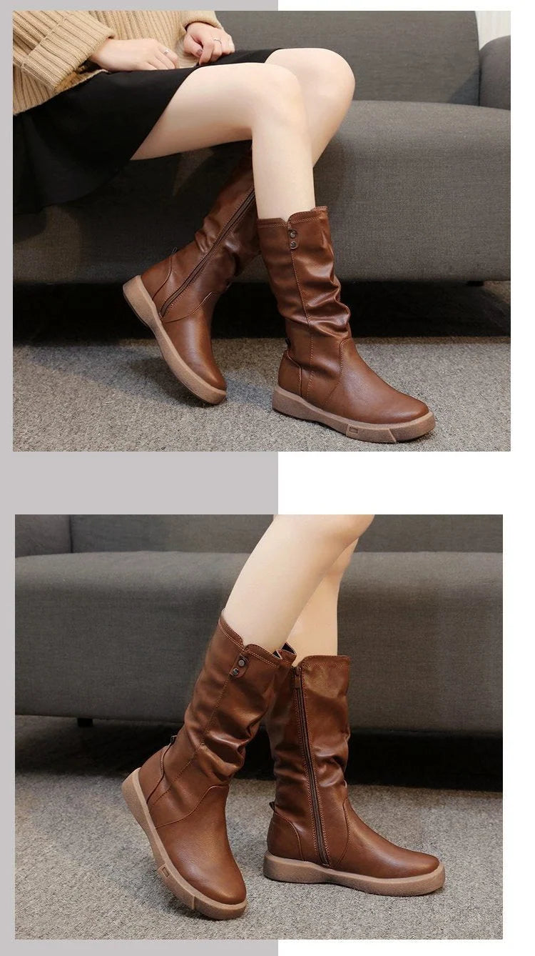 Leah | Women's Slouchy Flat Side Zip Mid Calf Boots
