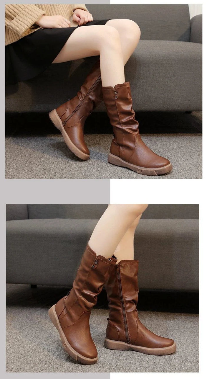 Leah | Women's Slouchy Flat Side Zip Mid Calf Boots