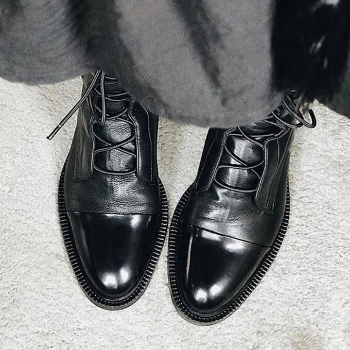 Leanne | Women's Cap Toe Flat Sole Ankle Lace Up Boots