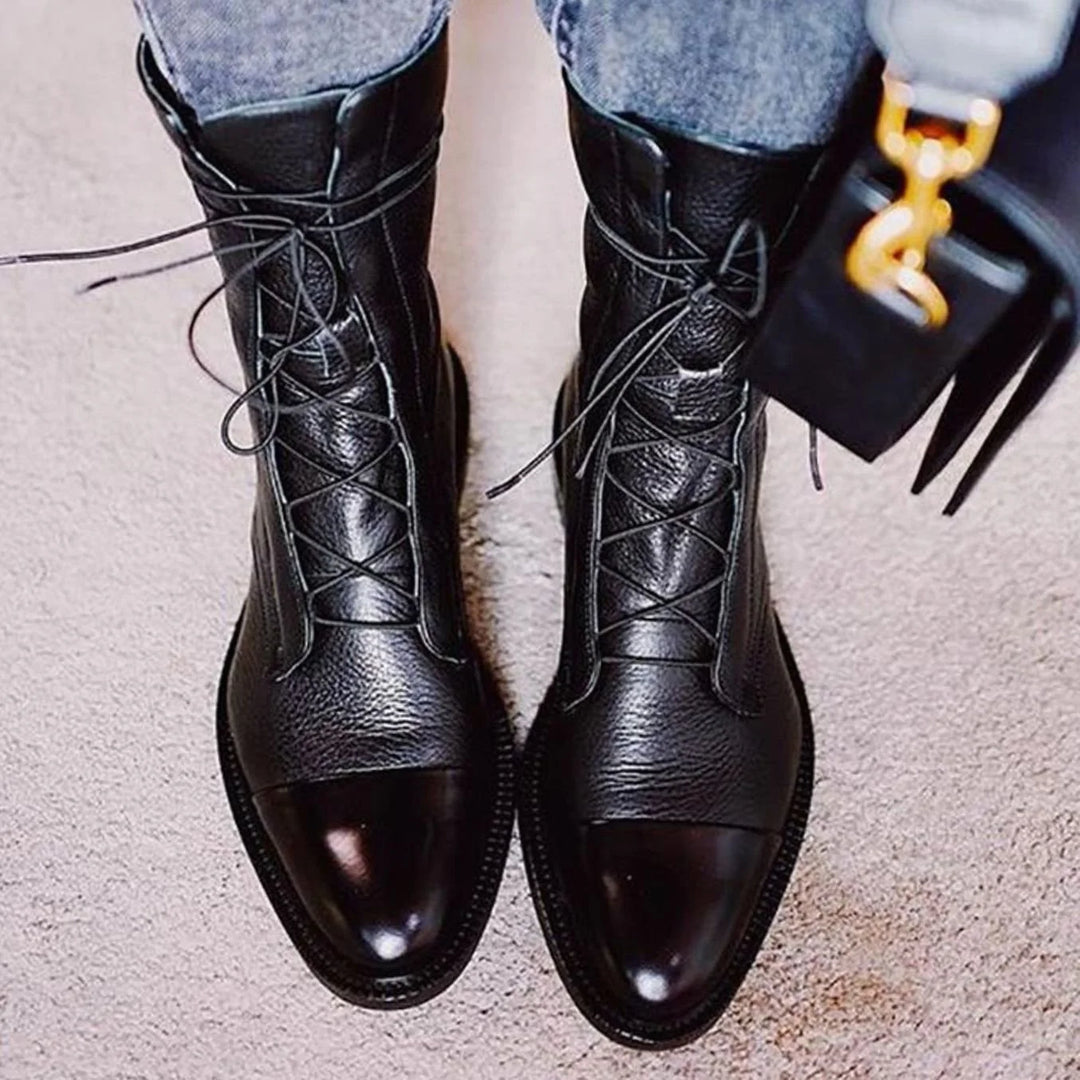 Leanne | Women's Cap Toe Flat Sole Ankle Lace Up Boots