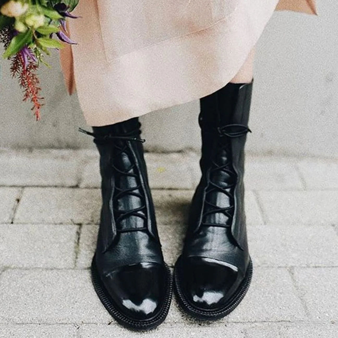 Leanne | Women's Cap Toe Flat Sole Ankle Lace Up Boots