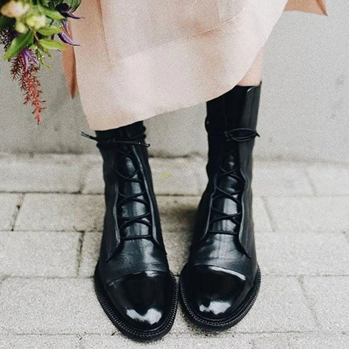 Leanne | Women's Cap Toe Flat Sole Ankle Lace Up Boots